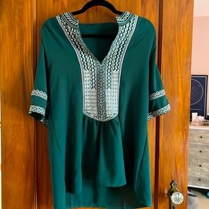 Size M Deep Green Women's Summer Boho Embroidered V Neck Short Sleeve Shirts